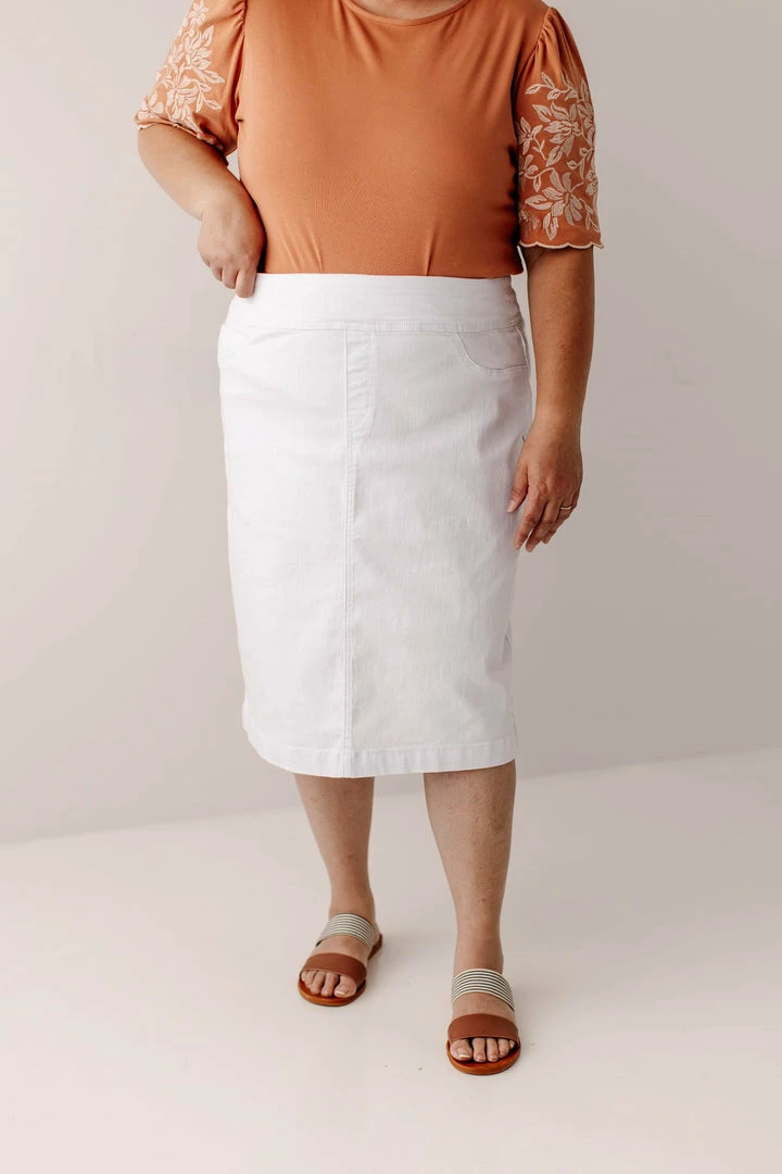 The Main Street Exchange 'Sara' Classic Knee Length Denim Skirt In White Exclusive Designs 2 The Main Street Exchange 'Sara' Classic Knee Length Denim Skirt In White Exclusive Designs