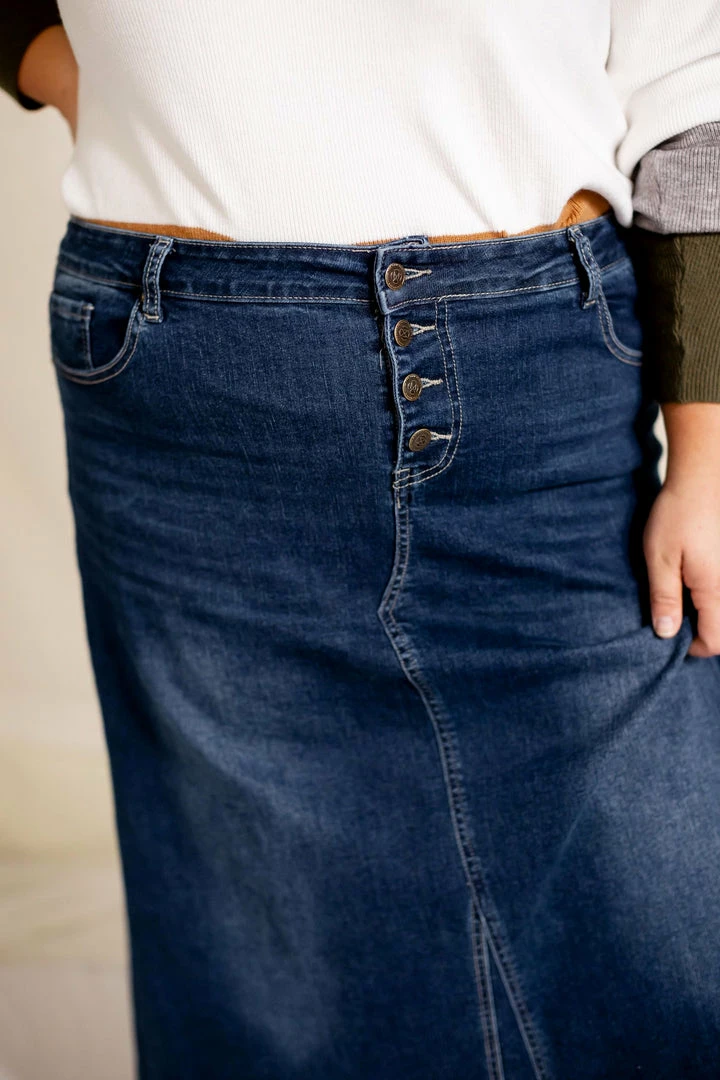 The Main Street Exchange Exclusive Designs 'Haven' Long Stretch Denim Skirt In Dark Wash 2 The Main Street Exchange Exclusive Designs 'Haven' Long Stretch Denim Skirt In Dark Wash