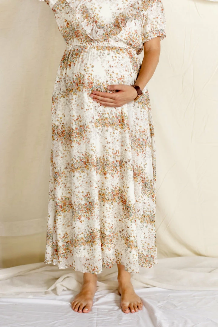 Roolee 'Ashlyn' Ruffle Nursing Friendly Dress In Ivory Floral FINAL SALE 3 Roolee 'Ashlyn' Ruffle Nursing Friendly Dress In Ivory Floral FINAL SALE