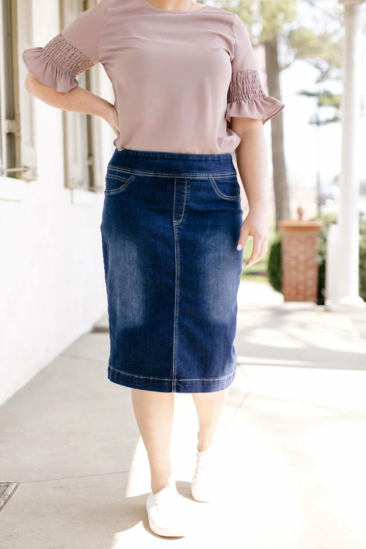 The Main Street Exchange Exclusive Designs 'Sara' Classic Knee Length Dark Denim Skirt 1 The Main Street Exchange Exclusive Designs 'Sara' Classic Knee Length Dark Denim Skirt