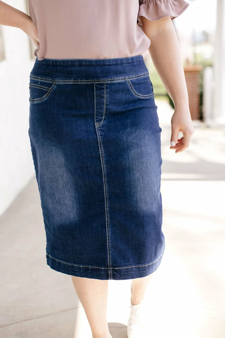 The Main Street Exchange Exclusive Designs 'Sara' Classic Knee Length Dark Denim Skirt 3 The Main Street Exchange Exclusive Designs 'Sara' Classic Knee Length Dark Denim Skirt