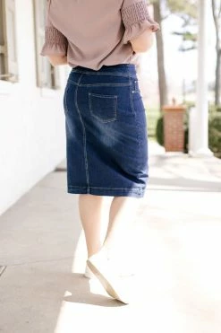 The Main Street Exchange Exclusive Designs 'Sara' Classic Knee Length Dark Denim Skirt 15 The Main Street Exchange Exclusive Designs 'Sara' Classic Knee Length Dark Denim Skirt