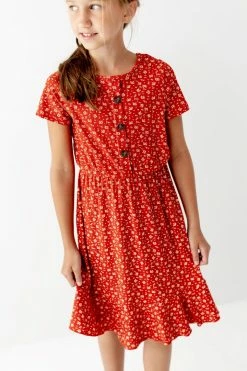 Heart & Arrow Dresses 'Amalie' Girl Button Up Ribbed Floral Dress In Rust