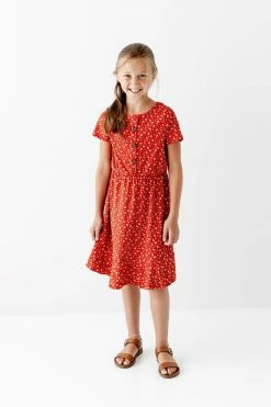 Heart & Arrow Dresses 'Amalie' Girl Button Up Ribbed Floral Dress In Rust