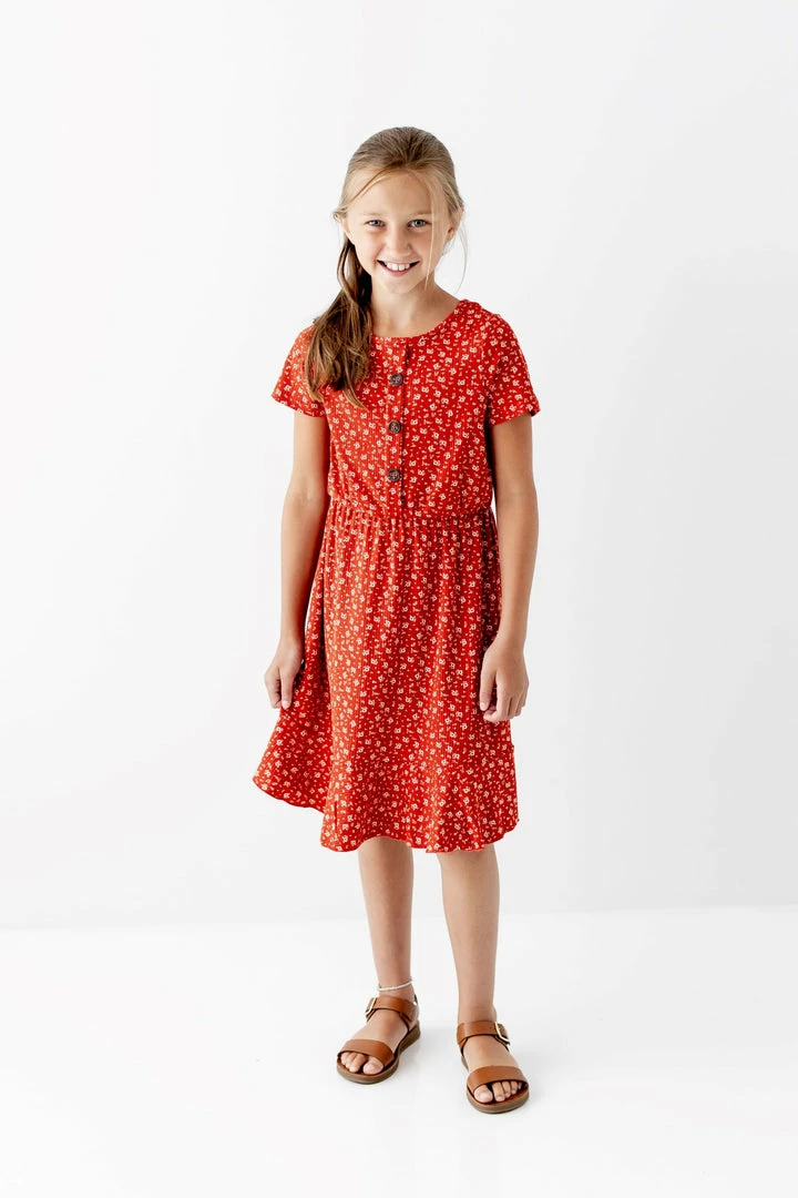 Heart & Arrow Dresses 'Amalie' Girl Button Up Ribbed Floral Dress In Rust 1 Heart & Arrow Dresses 'Amalie' Girl Button Up Ribbed Floral Dress In Rust
