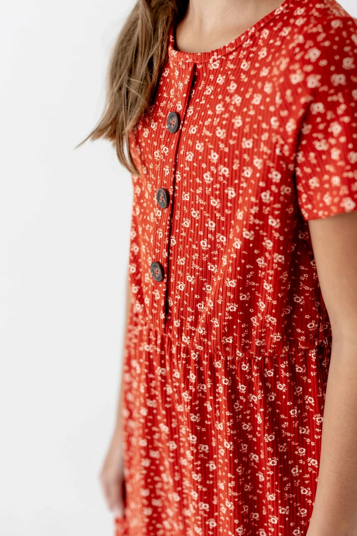 Heart & Arrow Dresses 'Amalie' Girl Button Up Ribbed Floral Dress In Rust 3 Heart & Arrow Dresses 'Amalie' Girl Button Up Ribbed Floral Dress In Rust