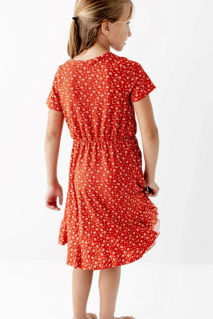 Heart & Arrow Dresses 'Amalie' Girl Button Up Ribbed Floral Dress In Rust 4 Heart & Arrow Dresses 'Amalie' Girl Button Up Ribbed Floral Dress In Rust