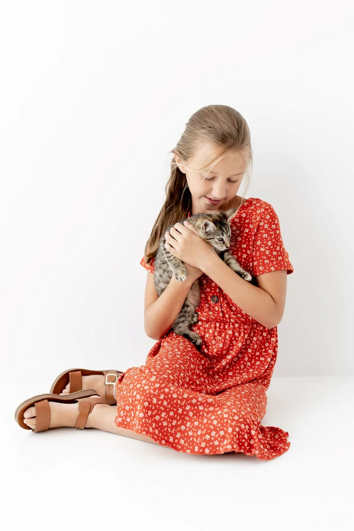 Heart & Arrow Dresses 'Amalie' Girl Button Up Ribbed Floral Dress In Rust 5 Heart & Arrow Dresses 'Amalie' Girl Button Up Ribbed Floral Dress In Rust