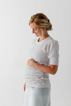 Hello Miz 'Julia' Striped Puff Sleeve Maternity Top In Ivory Summer Collection