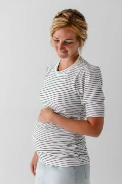 Hello Miz 'Julia' Striped Puff Sleeve Maternity Top In Ivory Summer Collection