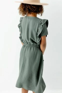 The Main Street Exchange Lancaster Collection 'Bridgette' Girl Ruffle Detail Dress In Olive