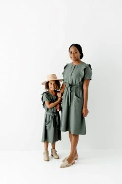 The Main Street Exchange 'Bridgette' Ruffle Detail Midi Dress In Olive Lancaster Collection