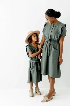 The Main Street Exchange 'Bridgette' Ruffle Detail Midi Dress In Olive Lancaster Collection