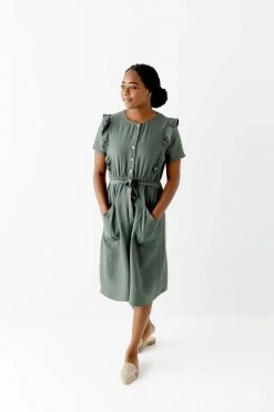 The Main Street Exchange 'Bridgette' Ruffle Detail Midi Dress In Olive Lancaster Collection