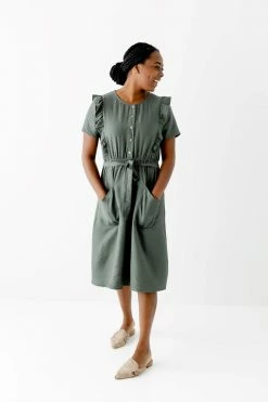 The Main Street Exchange 'Bridgette' Ruffle Detail Midi Dress In Olive Lancaster Collection