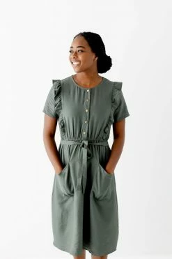 The Main Street Exchange 'Bridgette' Ruffle Detail Midi Dress In Olive Lancaster Collection