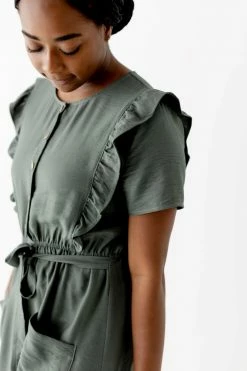 The Main Street Exchange 'Bridgette' Ruffle Detail Midi Dress In Olive Lancaster Collection