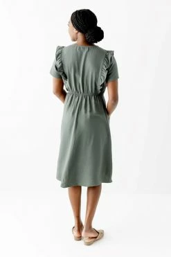The Main Street Exchange 'Bridgette' Ruffle Detail Midi Dress In Olive Lancaster Collection