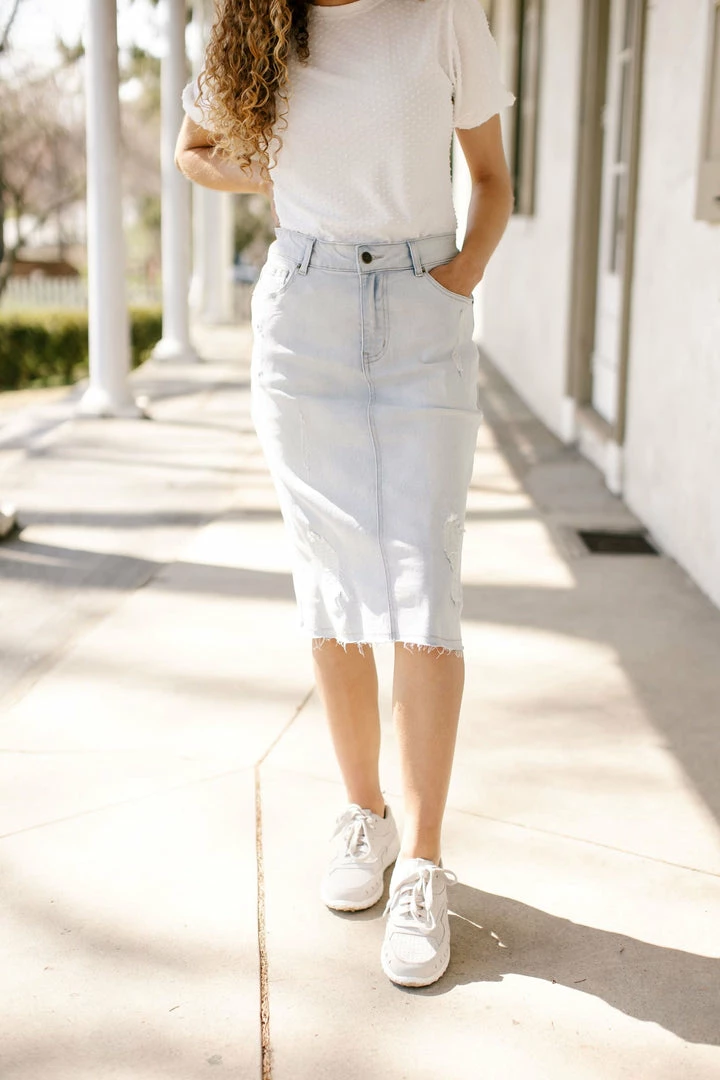 The Main Street Exchange 'Carli' Distressed Denim Skirt In Sun Bleached Wash FINAL SALE 1 The Main Street Exchange 'Carli' Distressed Denim Skirt In Sun Bleached Wash FINAL SALE