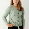 Heart & Arrow Tops/Cardigans 'Ida' Girl Ribbed Floral Tie Front Top In Sage