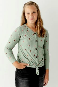 Heart & Arrow Tops/Cardigans 'Ida' Girl Ribbed Floral Tie Front Top In Sage