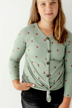 Heart & Arrow Tops/Cardigans 'Ida' Girl Ribbed Floral Tie Front Top In Sage