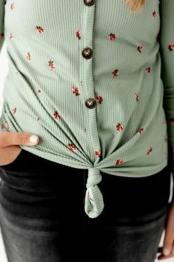 Heart & Arrow Tops/Cardigans 'Ida' Girl Ribbed Floral Tie Front Top In Sage 7 Heart & Arrow Tops/Cardigans 'Ida' Girl Ribbed Floral Tie Front Top In Sage