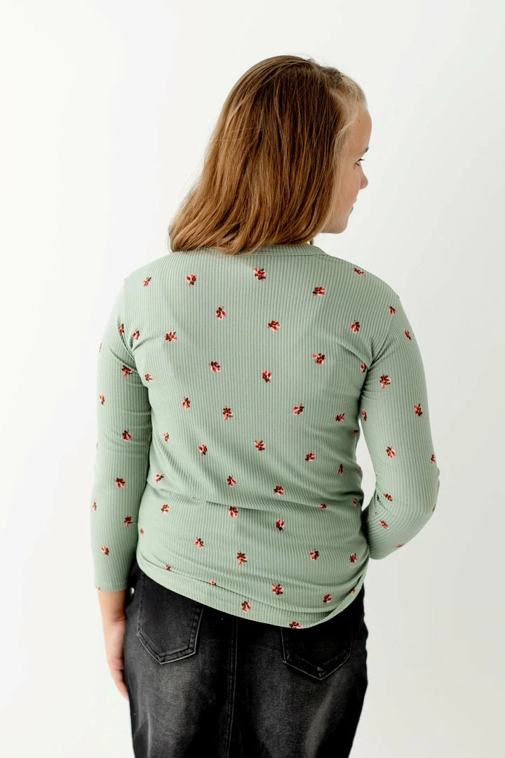 Heart & Arrow Tops/Cardigans 'Ida' Girl Ribbed Floral Tie Front Top In Sage 5 Heart & Arrow Tops/Cardigans 'Ida' Girl Ribbed Floral Tie Front Top In Sage