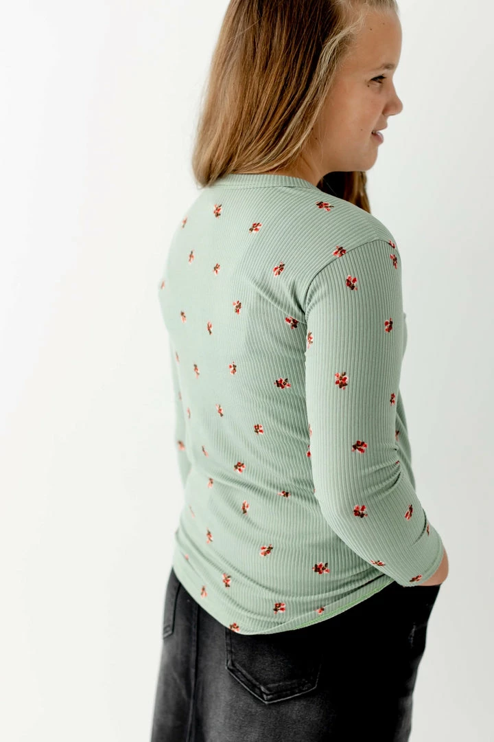 Heart & Arrow Tops/Cardigans 'Ida' Girl Ribbed Floral Tie Front Top In Sage 4 Heart & Arrow Tops/Cardigans 'Ida' Girl Ribbed Floral Tie Front Top In Sage