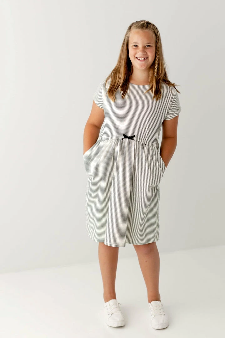 The Main Street Exchange 'Annika' Girl Tie Dress In Cream/Black Stripe 1 The Main Street Exchange 'Annika' Girl Tie Dress In Cream/Black Stripe