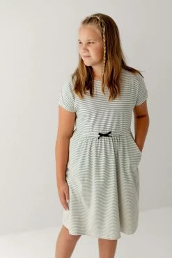 The Main Street Exchange 'Annika' Girl Tie Dress In Cream/Black Stripe