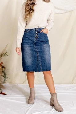 The Main Street Exchange 'Haven' Knee Length Denim Skirt In Medium Wash Exclusive Designs