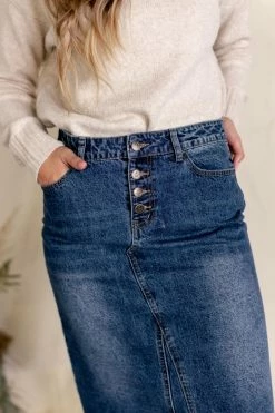 The Main Street Exchange 'Haven' Knee Length Denim Skirt In Medium Wash Exclusive Designs
