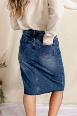 The Main Street Exchange 'Haven' Knee Length Denim Skirt In Medium Wash Exclusive Designs