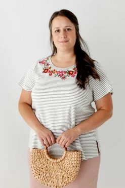 Andree By Unit Tops/Cardigans PLUS 'Aubrey' Embroidered Top In Grey Stripe FINAL SALE