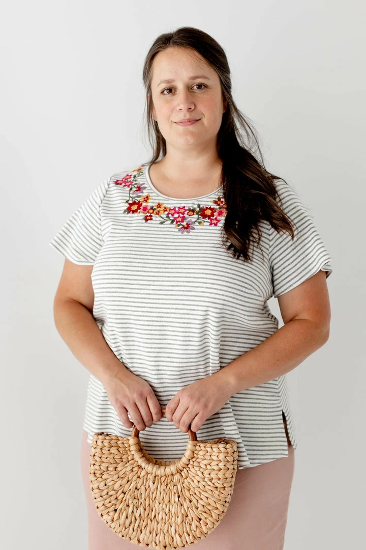 Andree By Unit Tops/Cardigans PLUS 'Aubrey' Embroidered Top In Grey Stripe FINAL SALE 2 Andree By Unit Tops/Cardigans PLUS 'Aubrey' Embroidered Top In Grey Stripe FINAL SALE