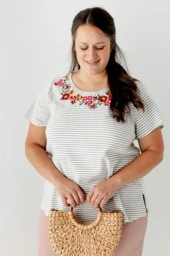 Andree By Unit Tops/Cardigans PLUS 'Aubrey' Embroidered Top In Grey Stripe FINAL SALE