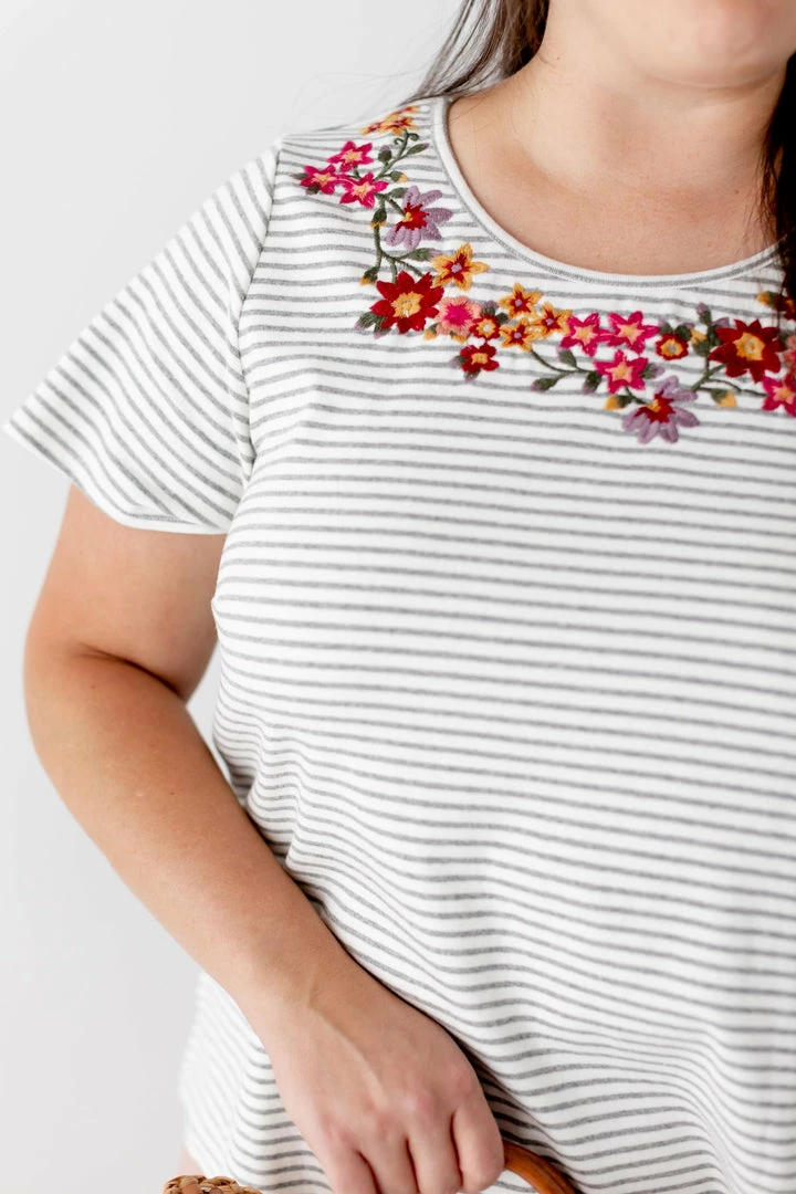 Andree By Unit Tops/Cardigans PLUS 'Aubrey' Embroidered Top In Grey Stripe FINAL SALE 4 Andree By Unit Tops/Cardigans PLUS 'Aubrey' Embroidered Top In Grey Stripe FINAL SALE