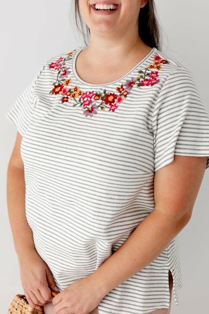 Andree By Unit Tops/Cardigans PLUS 'Aubrey' Embroidered Top In Grey Stripe FINAL SALE 3 Andree By Unit Tops/Cardigans PLUS 'Aubrey' Embroidered Top In Grey Stripe FINAL SALE