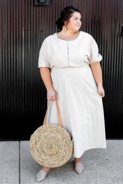 Hayden Los Angeles Dresses Extended 'Cassandra' Puffed Sleeve Buttoned Midi Dress In Taupe