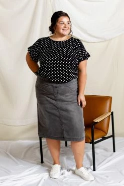THE MAIN STREET EXCHANGE 'Sara' Classic Knee Length Denim Skirt In Charcoal FINAL SALE Exclusive Designs