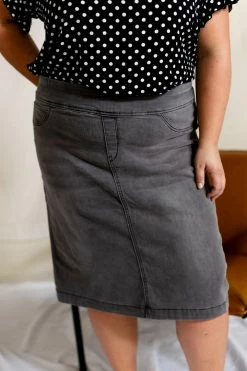 THE MAIN STREET EXCHANGE 'Sara' Classic Knee Length Denim Skirt In Charcoal FINAL SALE Exclusive Designs