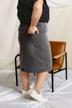 THE MAIN STREET EXCHANGE 'Sara' Classic Knee Length Denim Skirt In Charcoal FINAL SALE Exclusive Designs