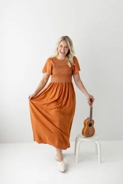 Polagram Dresses 'Lucian' Smocked Bodice Maxi Dress In Cognac FINAL SALE