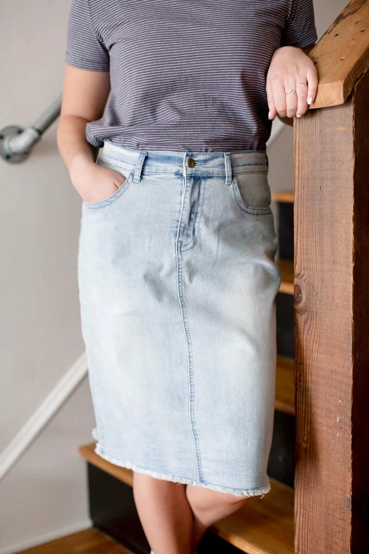 The Main Street Exchange Exclusive Designs 'Lily' Light Denim Knee Length Skirt 7 The Main Street Exchange Exclusive Designs 'Lily' Light Denim Knee Length Skirt