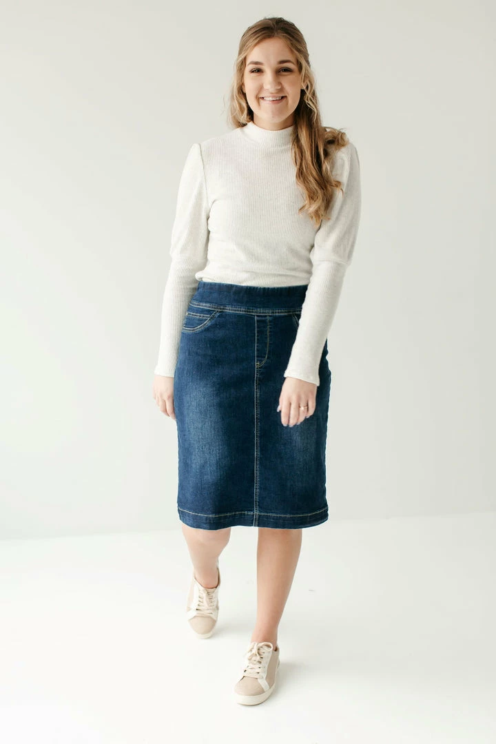 The Main Street Exchange Exclusive Designs 'Sara' Classic Knee Length Dark Denim Skirt 6 The Main Street Exchange Exclusive Designs 'Sara' Classic Knee Length Dark Denim Skirt