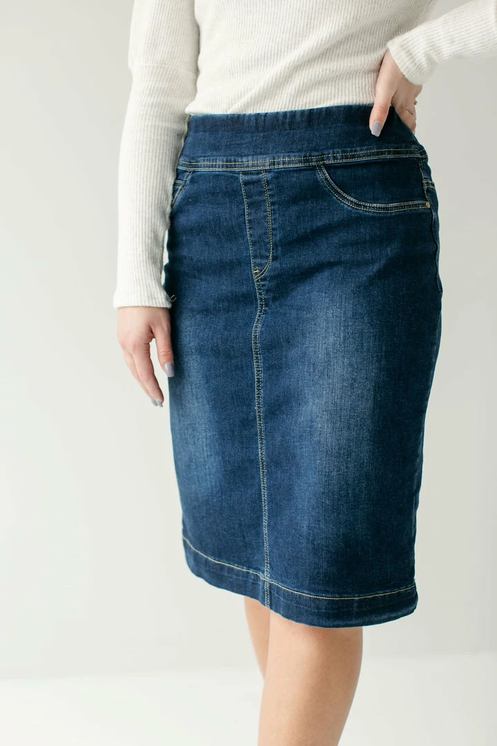 The Main Street Exchange Exclusive Designs 'Sara' Classic Knee Length Dark Denim Skirt 8 The Main Street Exchange Exclusive Designs 'Sara' Classic Knee Length Dark Denim Skirt