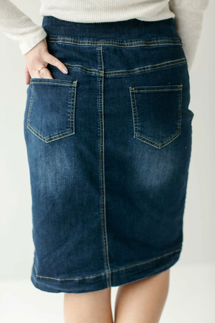 The Main Street Exchange Exclusive Designs 'Sara' Classic Knee Length Dark Denim Skirt 11 The Main Street Exchange Exclusive Designs 'Sara' Classic Knee Length Dark Denim Skirt