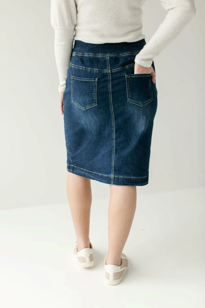 The Main Street Exchange Exclusive Designs 'Sara' Classic Knee Length Dark Denim Skirt 10 The Main Street Exchange Exclusive Designs 'Sara' Classic Knee Length Dark Denim Skirt