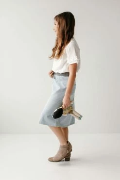 The Main Street Exchange 'Ava' Girl Knit Denim Skirt In Light Wash Exclusive Designs